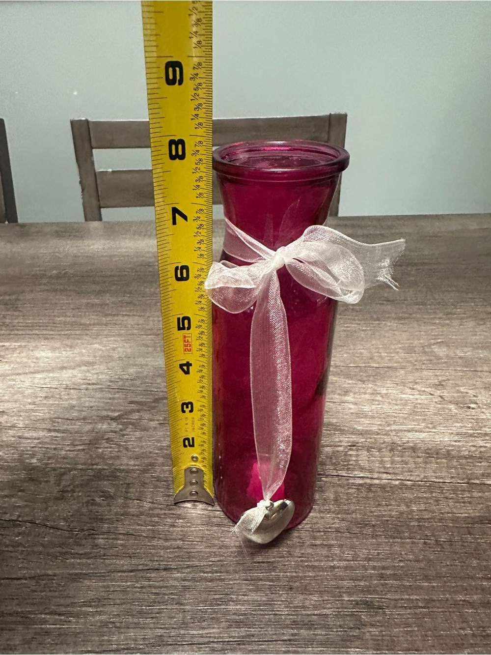 Decorative Pink Glass Vase with Sheer Ribbon Accent